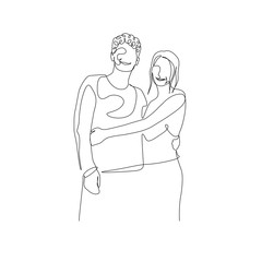 Continuous one line loving couple stands embracing. Vector illustration.