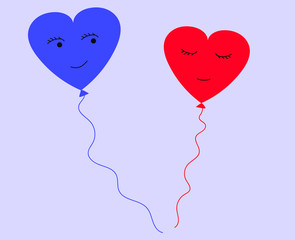 Cute little romantic heart shaped balloons in love,  childish vector drawing. Saint Valentine's Day, wedding, flirt, relationship couple, family bonds, romance concept. Blue and red hearts.