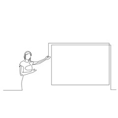 Continuous one line woman points to the screen copyspace tells the presentation. Vector illustration.