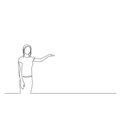 Continuous one line woman points to the copyspace. Vector illustration.