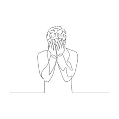 Continuous one line man covers her face with her hands. Depressed state. Vector illustration.