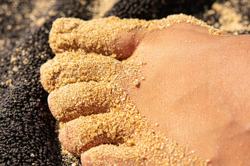 Female toes covered in sand close up