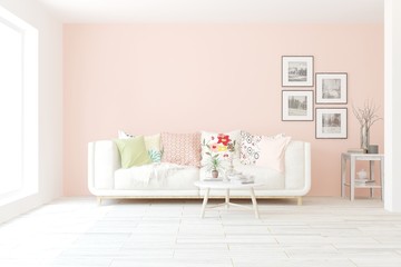 Stylish room in white color with sofa. Scandinavian interior design. 3D illustration
