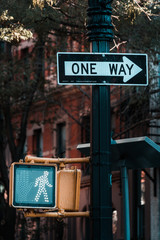 Pedestrian traffic light and One way signs in Greenwich Village, Manhattan, New York City.