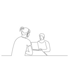 Continuous one line man is interviewing a woman. Job interview. Vector illustration.