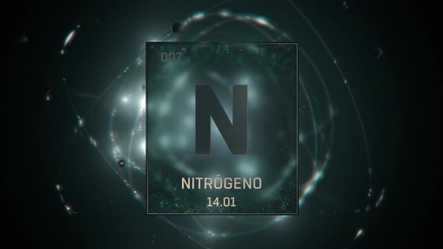 Nitrogen as Element 7 of the Periodic Table. Seamlessly looping 3D animation on green illuminated atom design background with orbiting electrons. Name, atomic weight, element number in Spanish languag