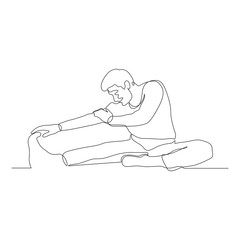 Continuous one line man doing stretching legs on the floor. Vector illustration.