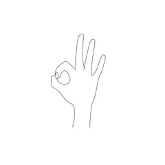 Continuous one line hand gesture OK. Vector illustration.