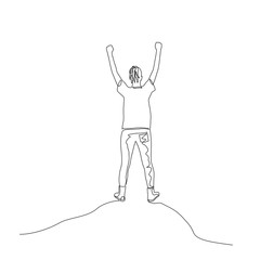 Continuous one line woman with arms raised high. Achieving a goal, victory, success. Vector illustration.