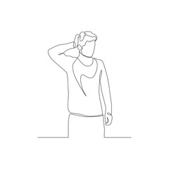 Obraz premium Continuous one line man is holding the back of his head with his hand. A difficult situation. Vector illustration.