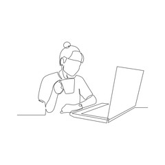 Fototapeta na wymiar Continuous one line woman with a drink in a mug in front of a laptop. Vector illustration.