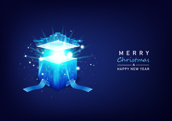Merry Christmas and Happy New Year, Mystery gift box, blue crystal concept, greeting card, stars and ice sparkle glitter in winter seasonal holiday background vector
