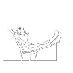 Continuous one line woman leaned back in her chair with her hands behind her head and legs raised on the table. Rest, freedom of action, freelance. Vector illustration.