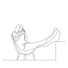 Continuous one line woman sits on an armchair raising her legs on the table, plotting something. Conspiracy Planning. Vector illustration.