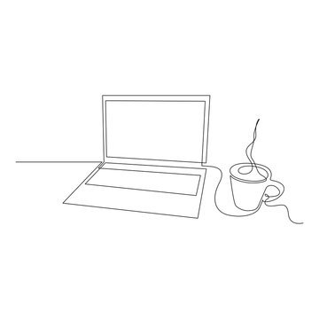 Continuous one line laptop and mug with a hot drink. Vector illustration.