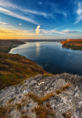 Canyon of the picturesque river. autumn sunset over the Dnister river