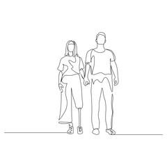 Continuous one line man and woman hold hands, a woman has a prosthetic leg. Disabled people. Vector illustration.