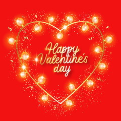 Lights bulbs isolated on transparent background. Glowing golden VALENTINES DAY HEART garlands string. Vector  party lights decorations.