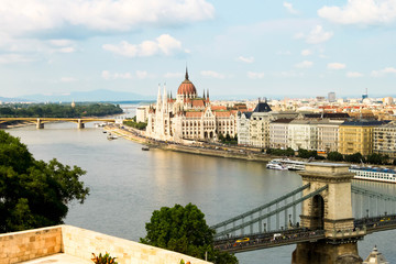 BUDAPEST, HUNGARY 29 JULY 2019: beautiful view of the Hungarian Parliament and the Danube river