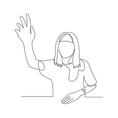 Continuous one line woman pull her hand up, want to answer a question. Vector.