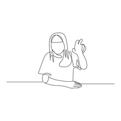 Continuous one line woman pull her hand up, want to answer a question . Vector