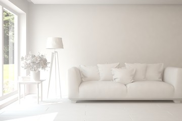 Mock up of stylish room in white color with sofa. Scandinavian interior design. 3D illustration