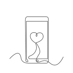 Continuous one line smartphone with love heart on screen. Stock illustration.