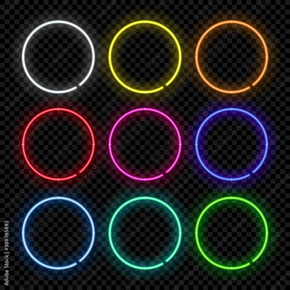 Poster different color round neon frames. vector realistic neon circles isolated on transparent background.