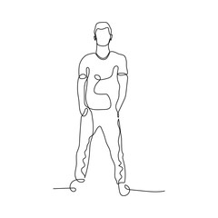 Continuous one line man stand, hands in pockets. Man in pose. Stock illustration.