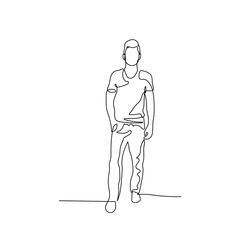 Continuous one line man stand with his hand in his pocket. Stock illustration.