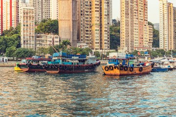 Evening view of the harbor in Aberdeen Bay. Aberdeen. Hong Kong.