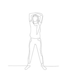 Continuous one line woman stretches shoulders over her head. Vector illustration.