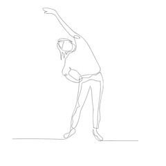 Continuous one line woman doing warm-up stretching with hand raised. Vector illustration.