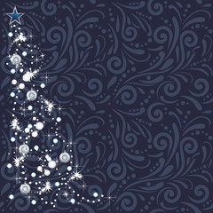 Shining Christmas tree on the dark blue ornamental background