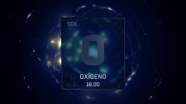 Oxygen as Element 8 of the Periodic Table. Seamlessly looping 3D animation on blue illuminated atom design background with orbiting electrons. Name, atomic weight, element number in Spanish language