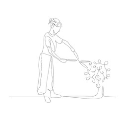 Continuous one line woman cuts a bush with a brush cutter. Gardening theme. Vector illustration.