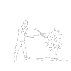 Continuous one line man cuts a bush with a brush cutter. Gardening theme. Vector illustration.