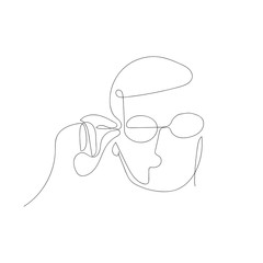 Continuous one line abstract man puts on glasses . Vector illustration.