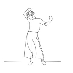 Continuous one line dancing woman with short wavy hair. Vector illustration.