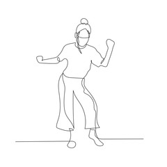 Continuous one line dancing woman with hair bun. Dance, party theme. Vector illustration.