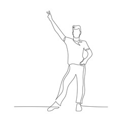 Continuous one line male dancer shows a peace sign. Vector illustration.