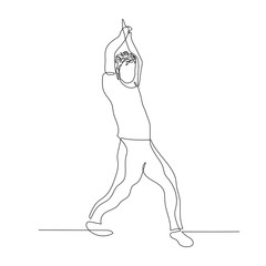 Continuous one line dancing man with fashion hairstyle in hands up dance pose. Vector illustration.