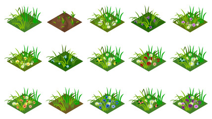 Isometric grass and flowers set. Isolated tiles to create farm or garden landscape. For cartoon or game asset. Vector illustration