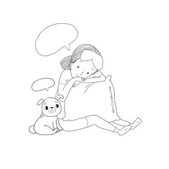 Sleeping beautiful young girl and a cute pugs. Funny Favourite pet puppy. Vector