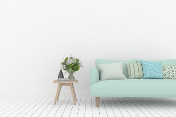 Mock up of stylish room in white color with sofa. Scandinavian interior design. 3D illustration