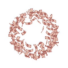 Russian ruble notes falling. Small RUB bills on wh