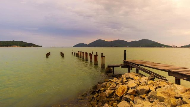 Time Lapse Of Abandon Jetty Of Marina Island,Lumut Malaysia With Dramatic Cloud During Sunset.4K