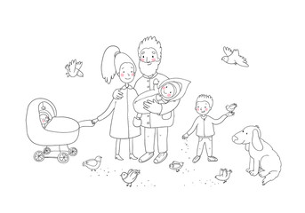 Happy family with newborns. Mom, dad and kids on a walk. Cheerful funny dog and pigeons. Cute cartoon couple and baby