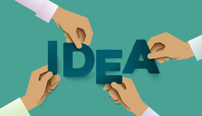 Human hands holding IDEA letters. Symbol of working together, cooperation, combining. Teamwork concept. Creative partnership metaphor. Illustration stylized as paper-cut art. Flat style vector