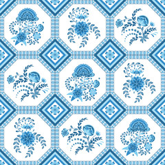 Seamless pattern with beautiful floral ornament in blue and light blue colors in gzhel style on a white background